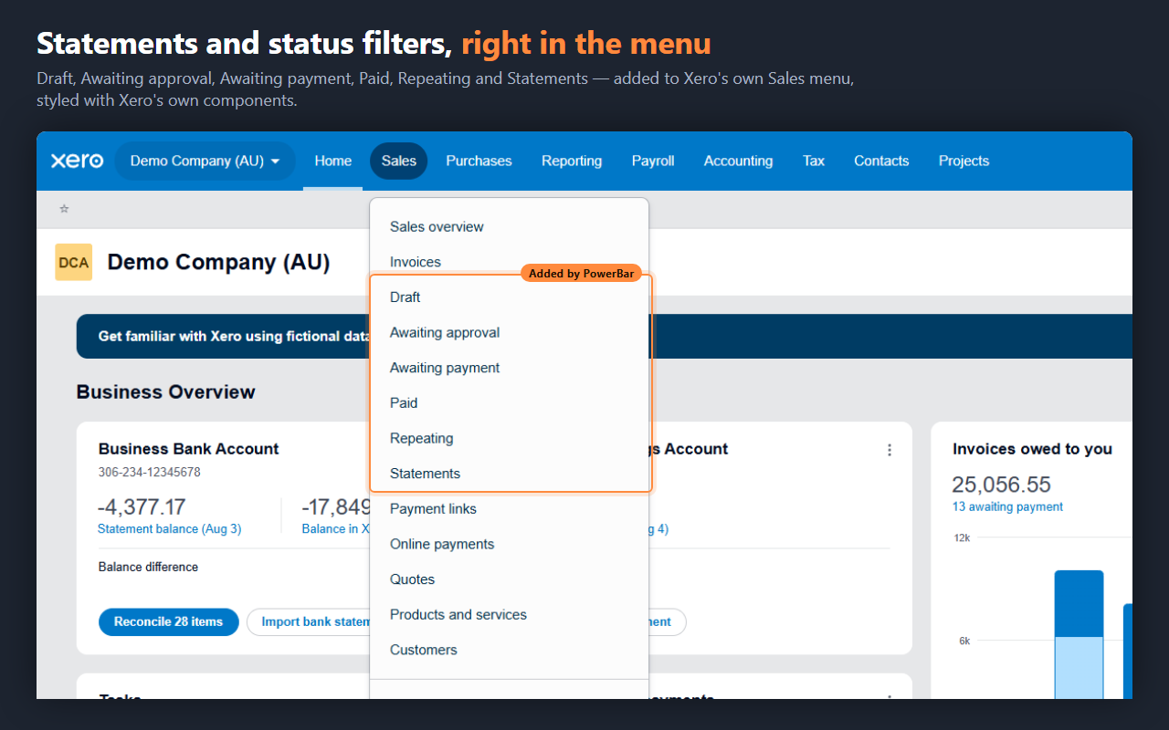 Xero's Sales menu with Draft, Awaiting approval, Awaiting payment, Paid, Repeating and Statements added
