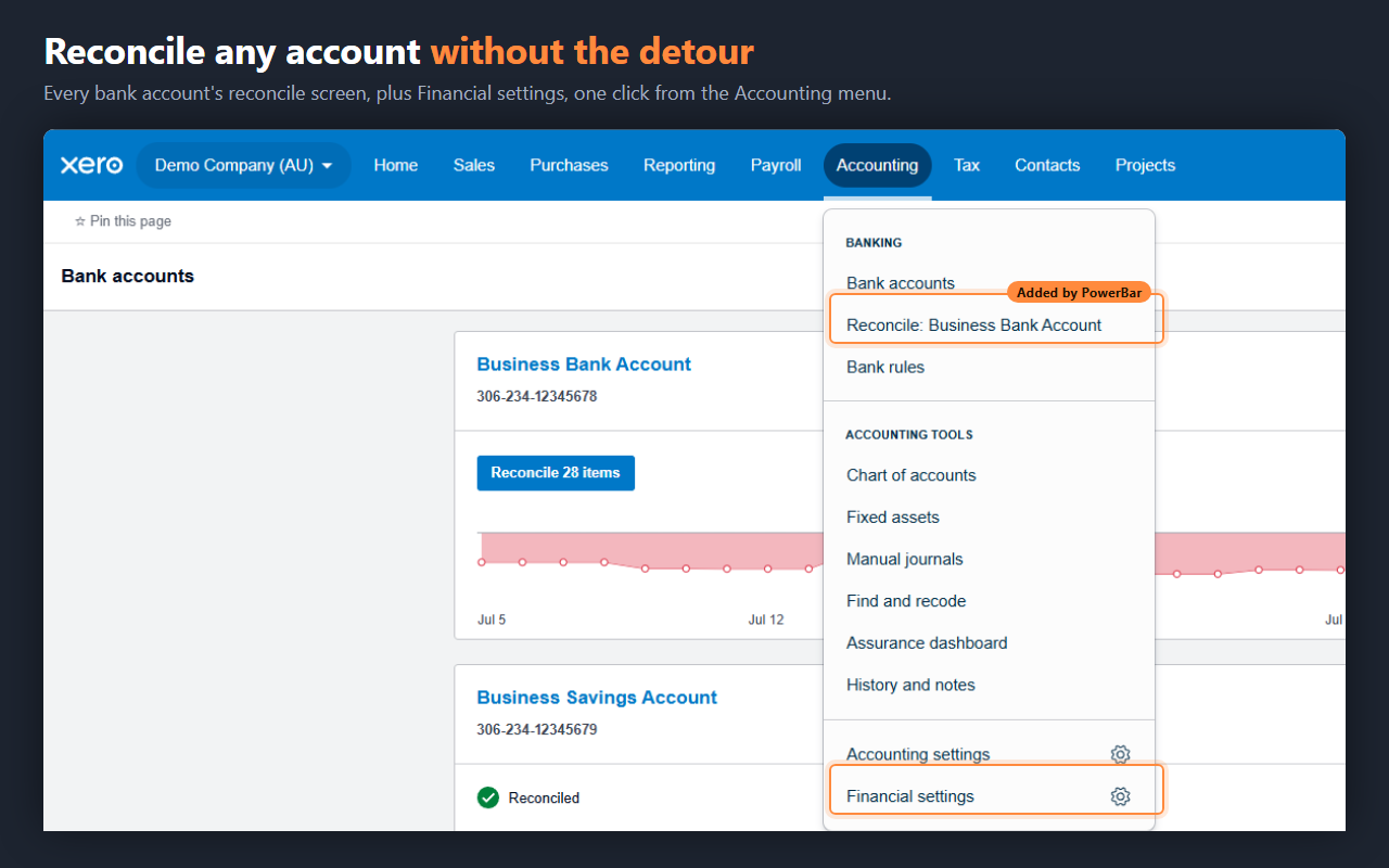 Xero's Accounting menu with a reconcile shortcut and Financial settings added